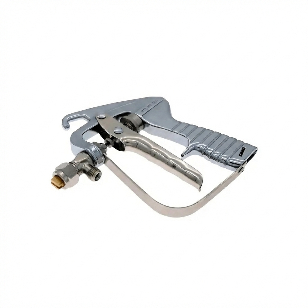 Contact spray adhesive gun for evenly applying adhesive on surfaces metal spray gun on a white background