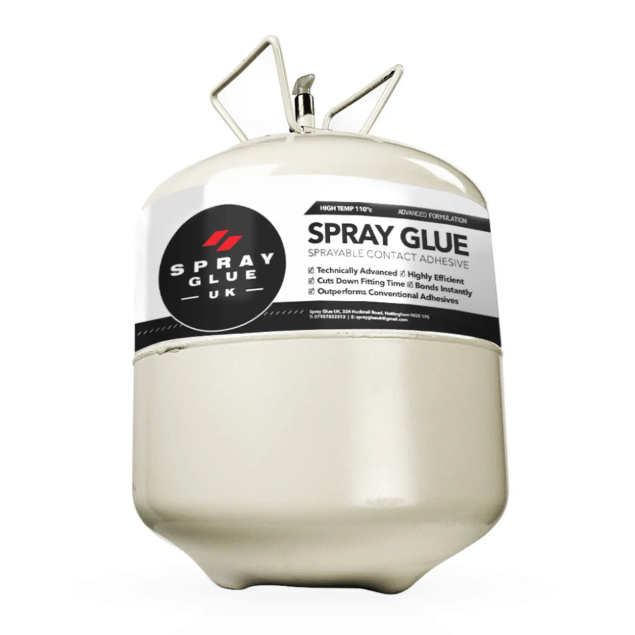 Labeled canister of high-strength foam and upholstery spray adhesive featuring VOC-compliant, fast-tack formula